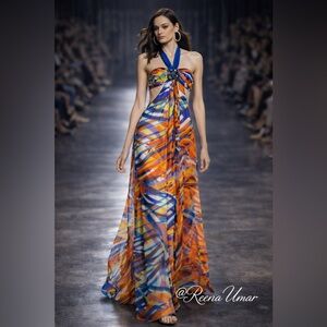 BCBGMAXAZRIA Bright Silk Print Cutout Halter Gown – Size 2 – NWOT